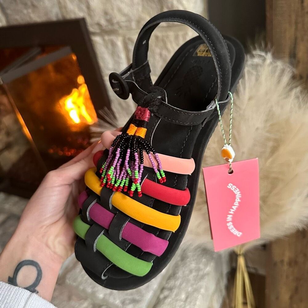 Farm Rio Sandal Size 7 Womens Black Beaded Tassel Shoes Bohemian Casual NWT - Picture 2 of 7